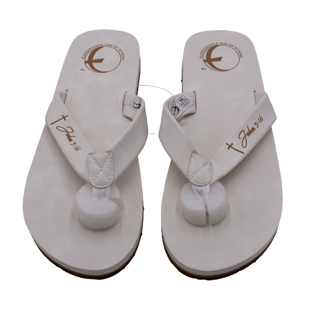WIHFS Walk In His Footsteps White Flip Flop Sandals Jesus Cross John 3:16 -- M/L